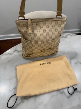 Loewe Beige Anagram Shoulder Bag with Tan Leather Trim